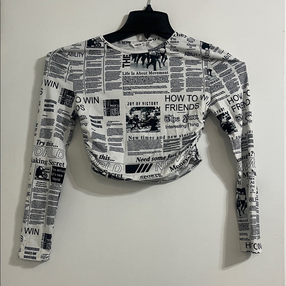 Shein Newspaper Print Long Sleeve Girls Top Size 11-12Y